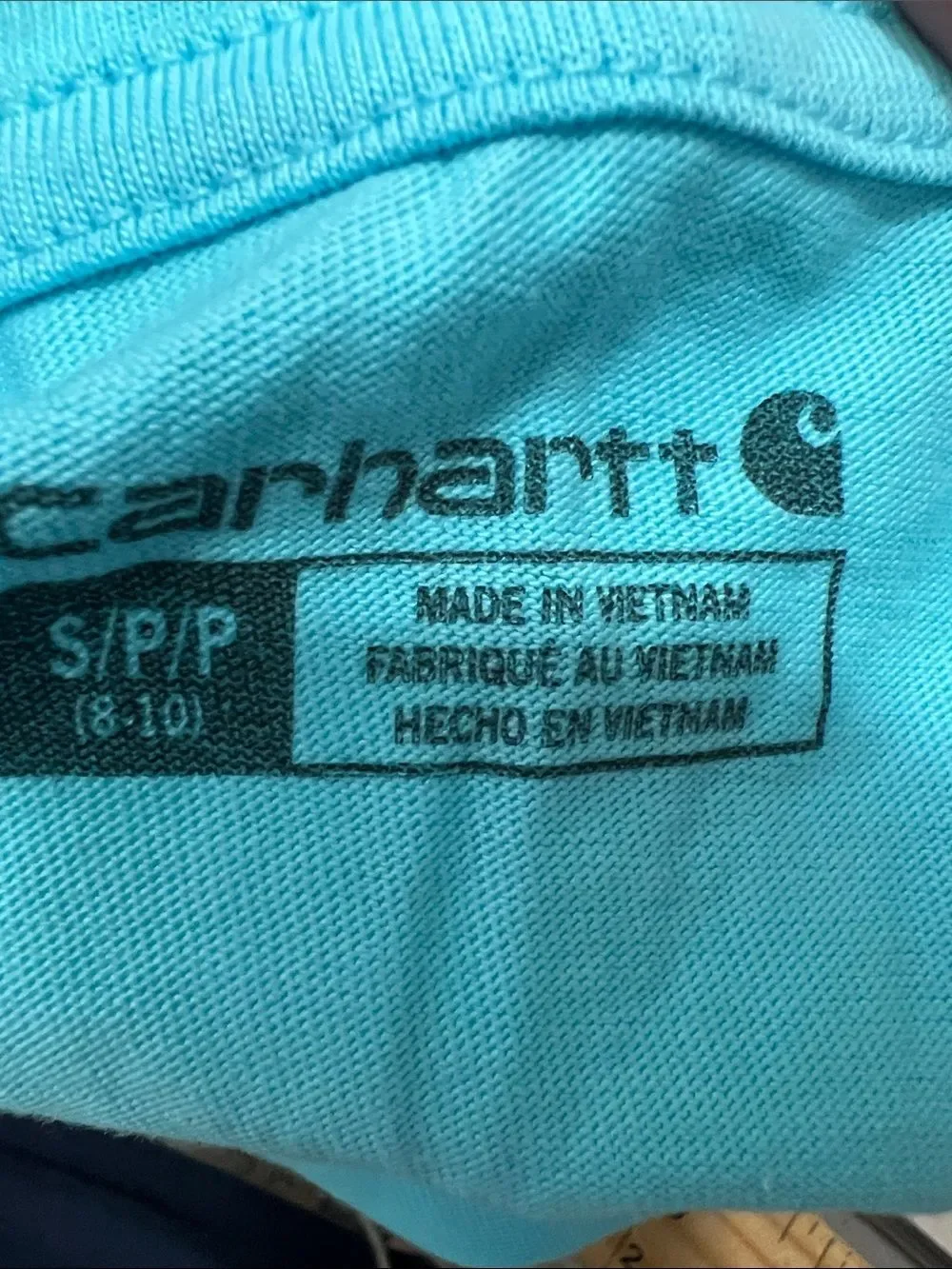 Carhartt blue pocket t-shirt with camping graphic on back